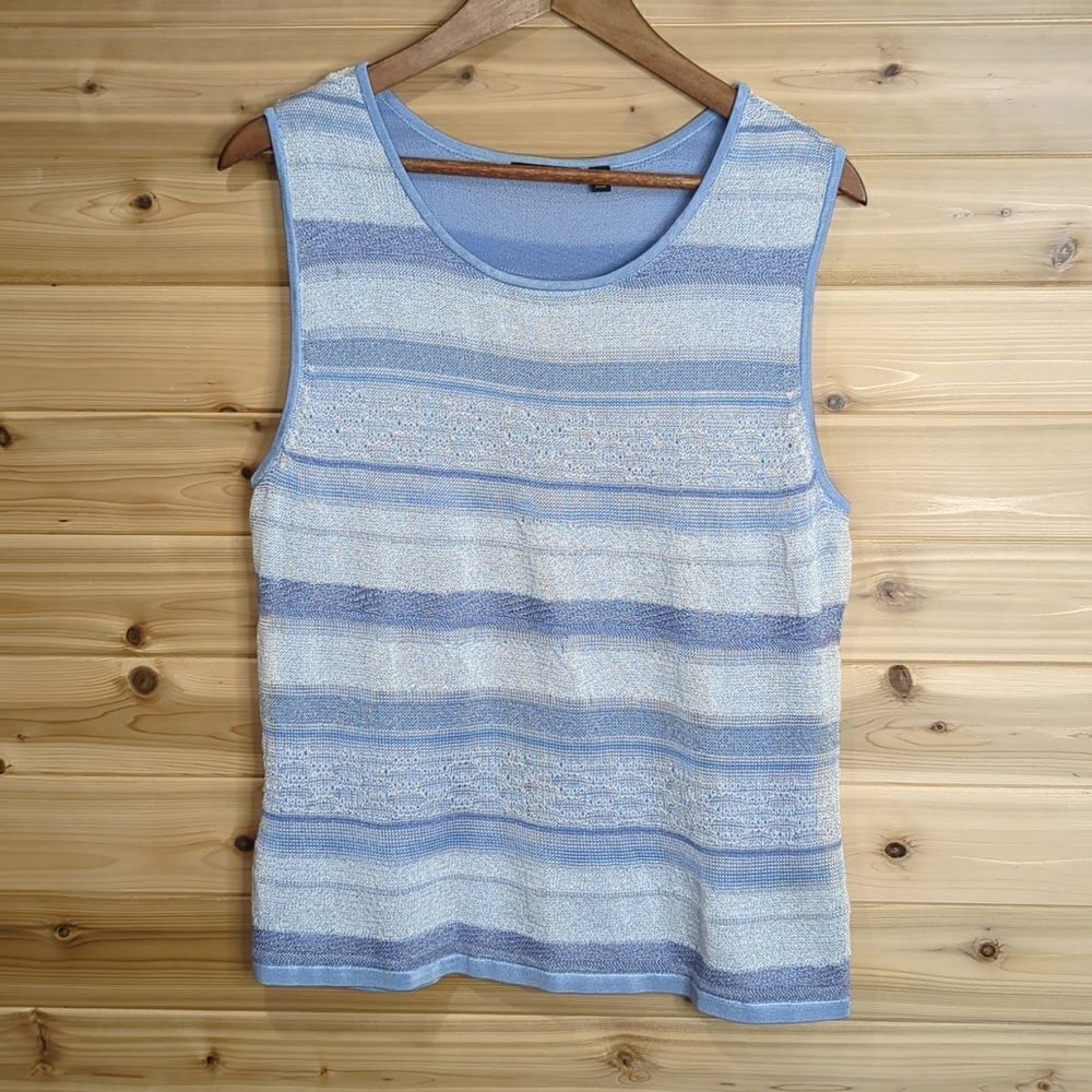 Carlisle Womens Top XL Blue Shimmer Stripe Open Knit Sleeveless Blouse